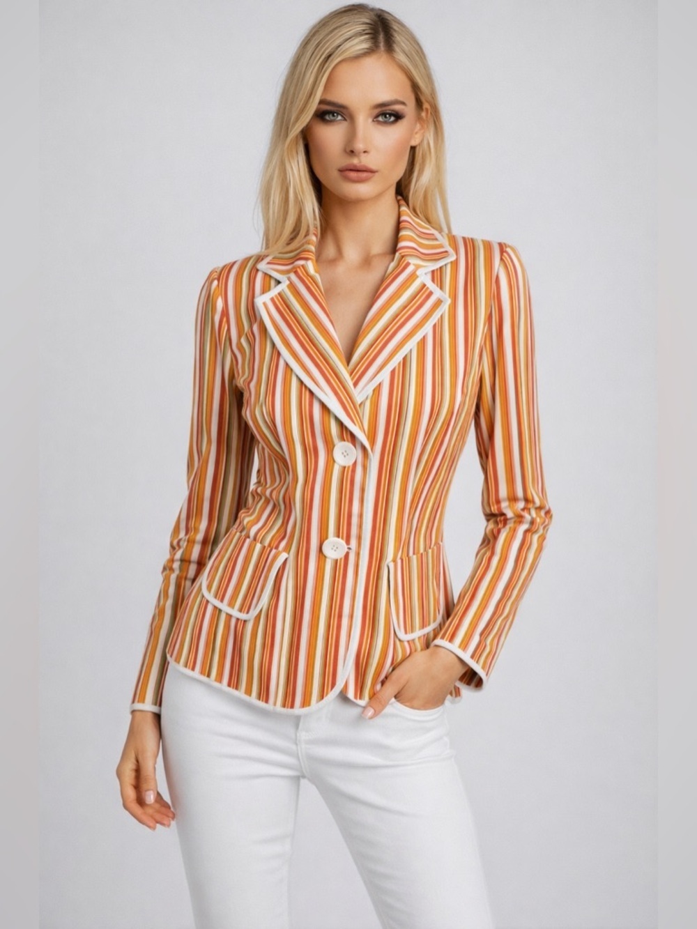 Focus 2000 Striped Blazer Jacket Lined Size 10 Orange White Tailored Pockets